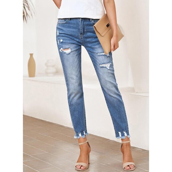 Women’s High Waisted Ripped Distressed Stretch Denim Ankle Jeans - Picture 3 of 6